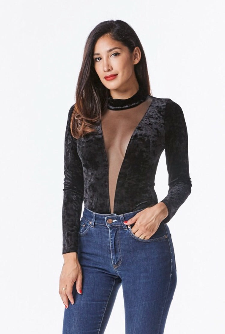 Crush Velvet Bodysuit - Black