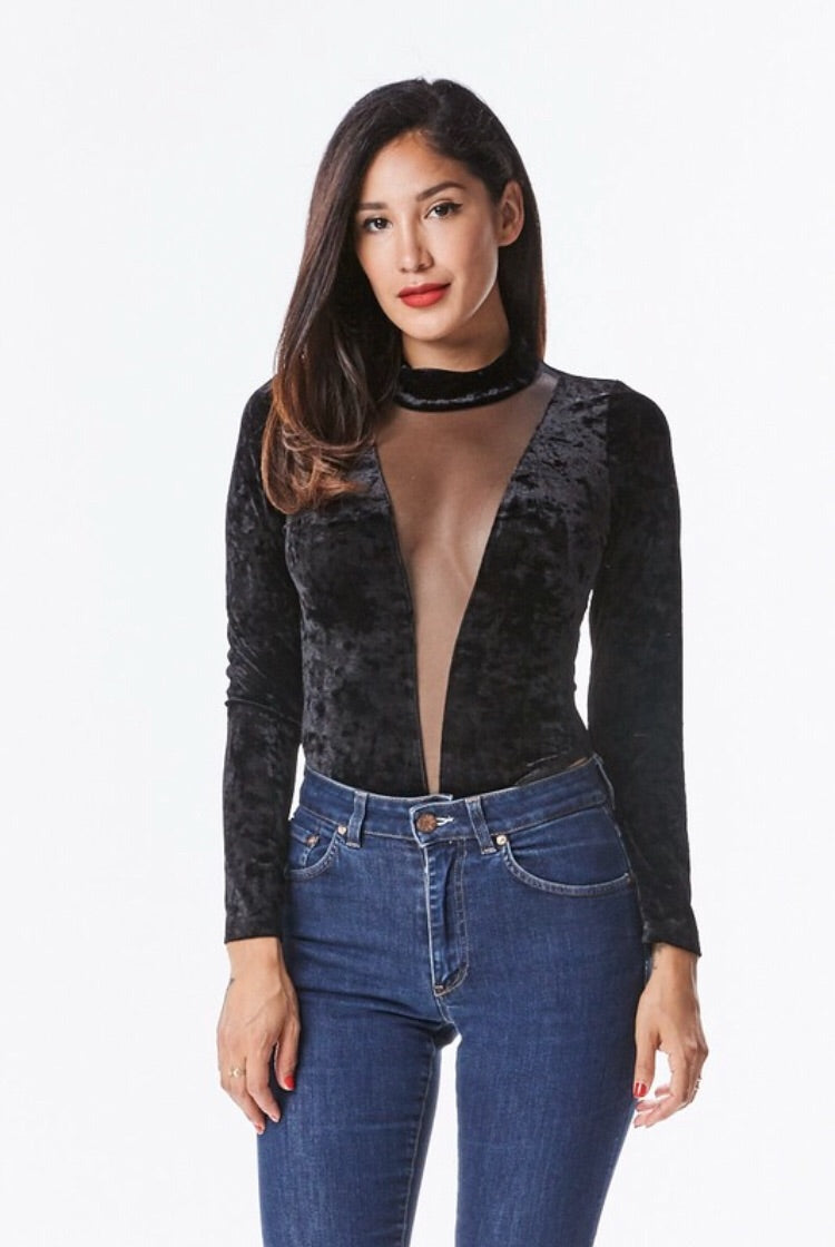 Crush Velvet Bodysuit - Black