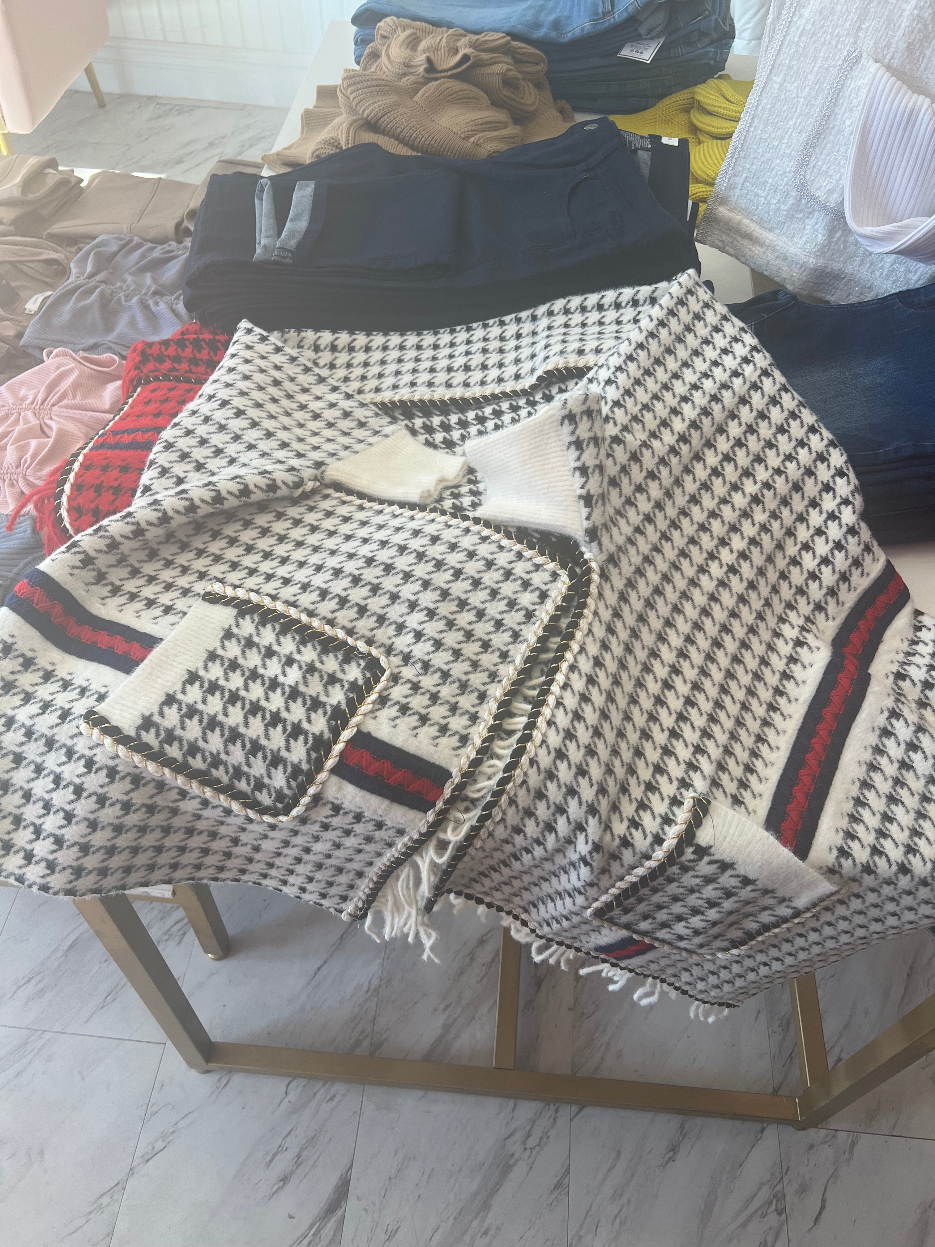 White, red and blue gingham poncho
